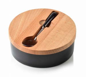 Cukiernica porcelanowa z bambusowym wieczkiem i łyżeczką 14,7  cm czarna