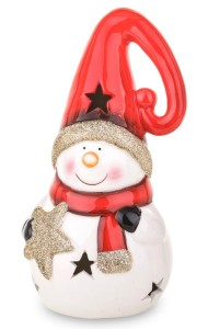 Figurka ceramiczna bałwanek z gwiazdką h17 cm LED.