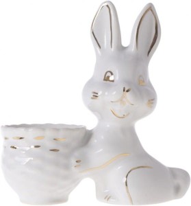 Kieliszek ceramiczny zając na jajko biały -złoty pasek