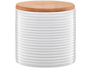 Pojemnik na art.sypkie ceramiczny biały z bambusową pokrywką 670ml paski Tuvo